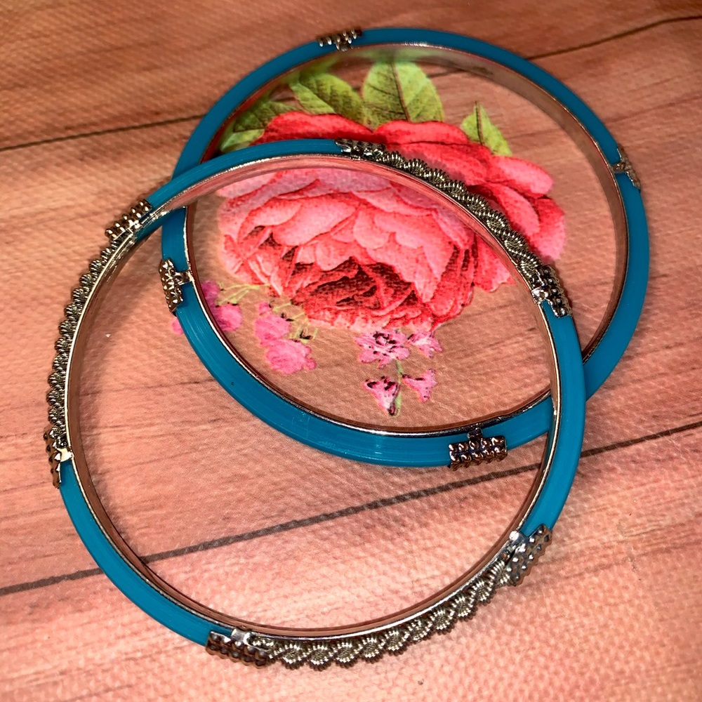 2 Fun Turquoise aqua teal blue silver detailed bangle bracelets